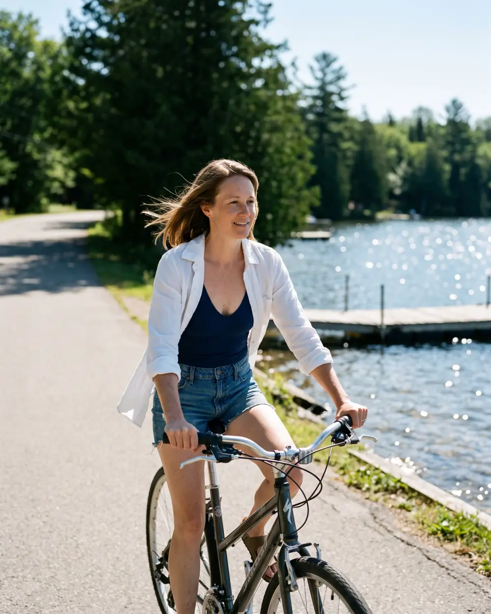 A woman riding a bike along a lake road in summer, smiling.