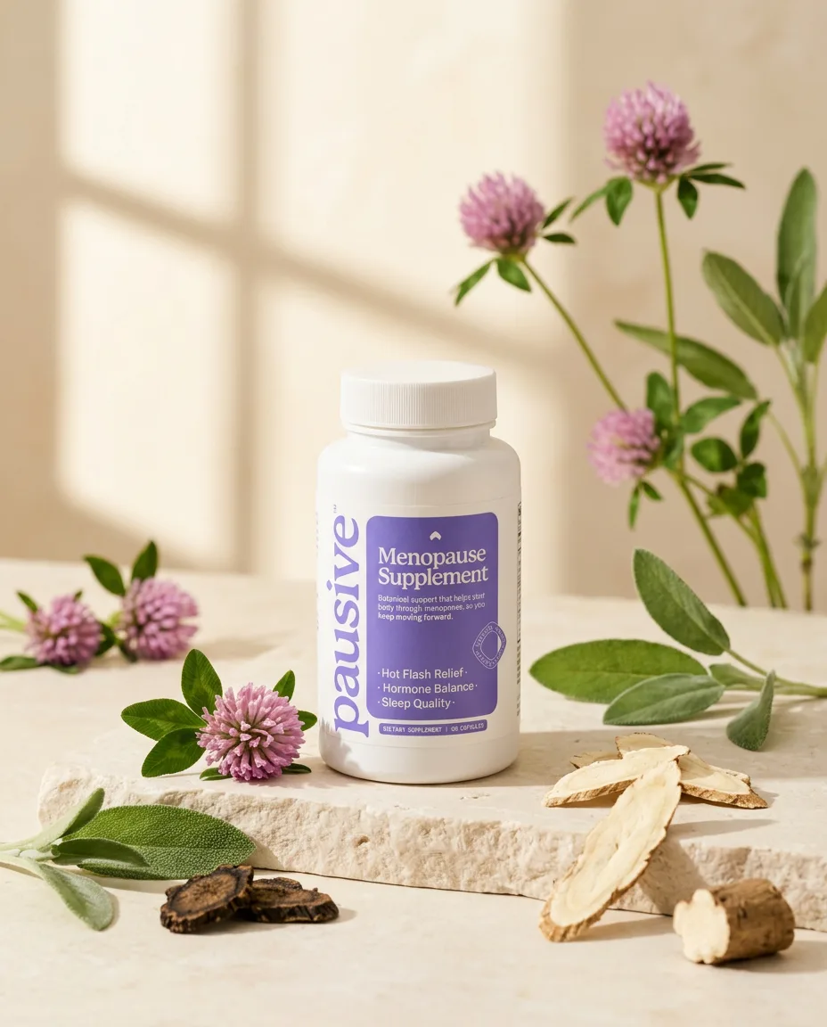 The Pausive bottle among red clover flowers and other botanicals.