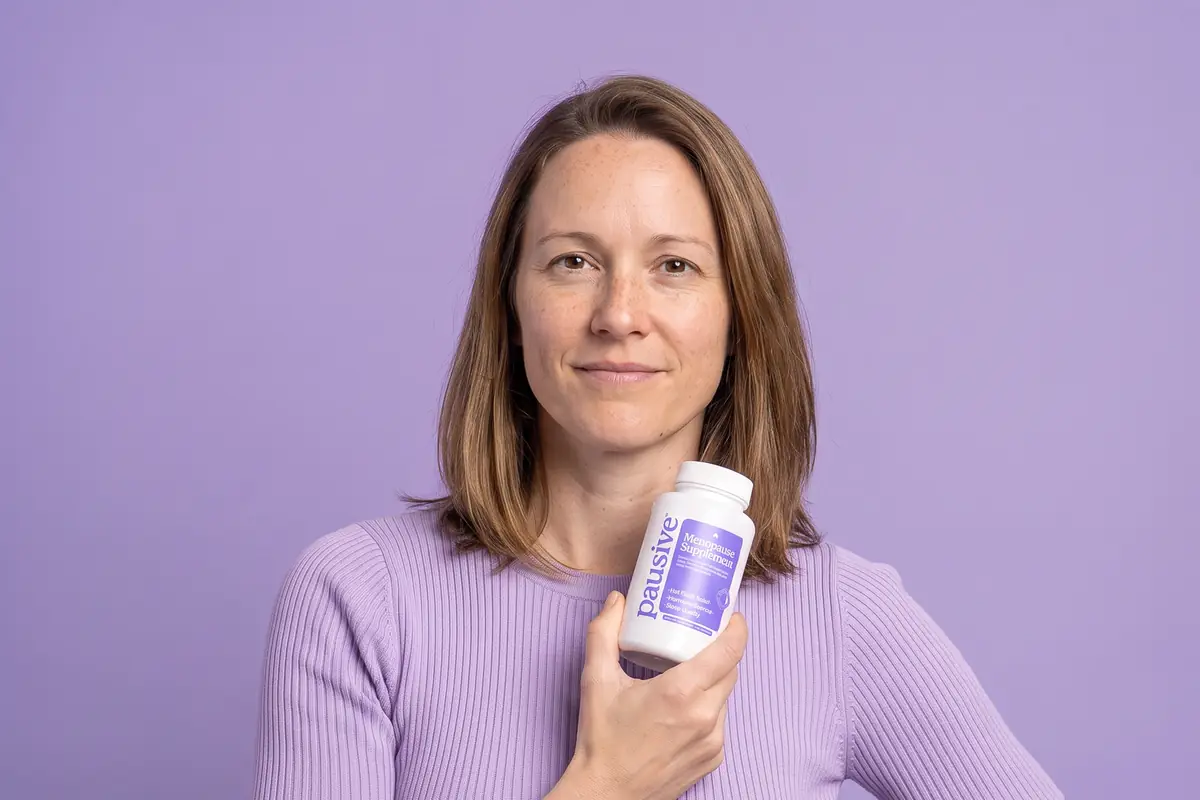 A woman in a lavender top holding a bottle of Pausive against a lavender wall.