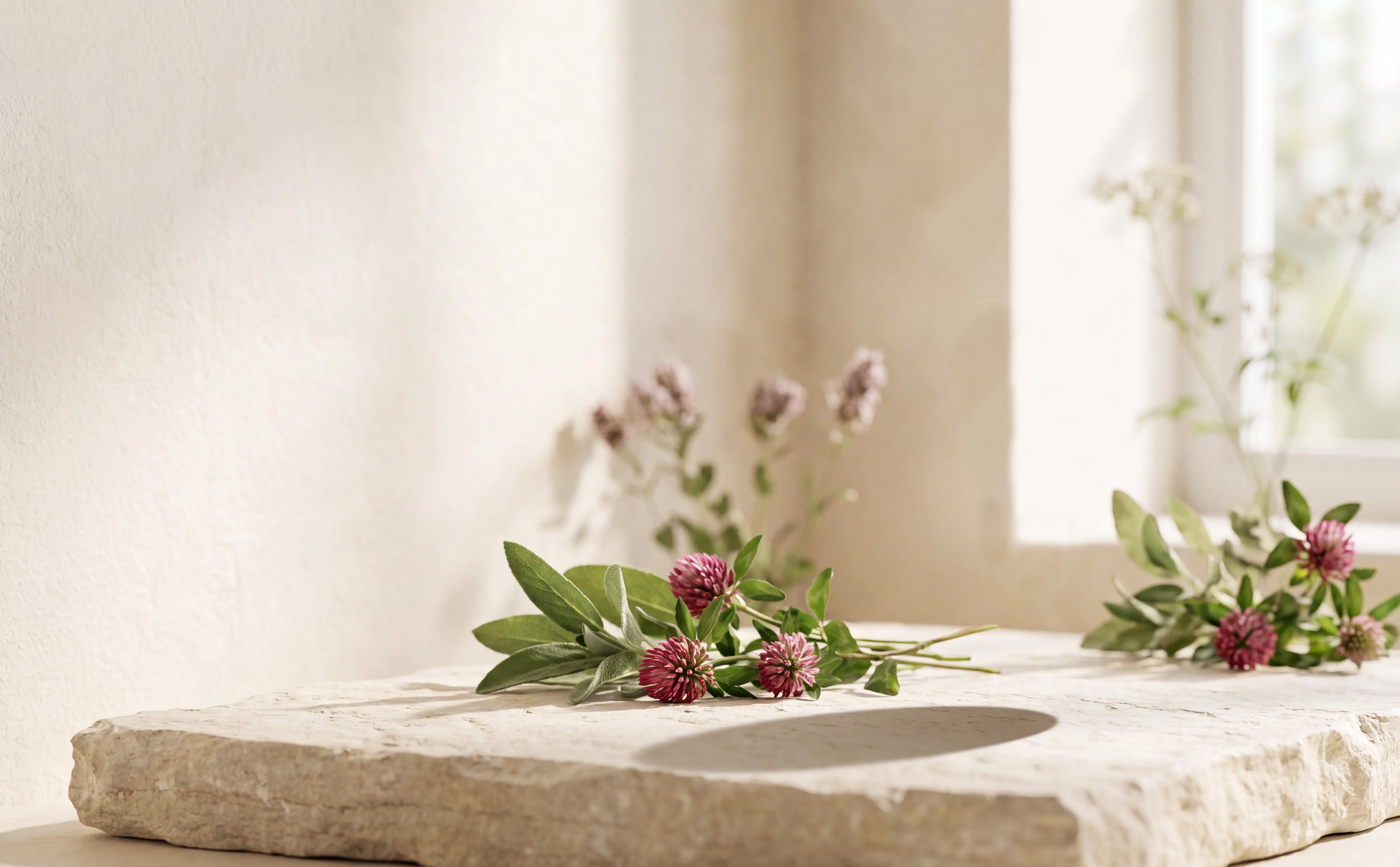 A bottle of Pausive hanging in the air above a pale limestone ledge, with a sprig of fresh sage and red clover heads laid on the stone