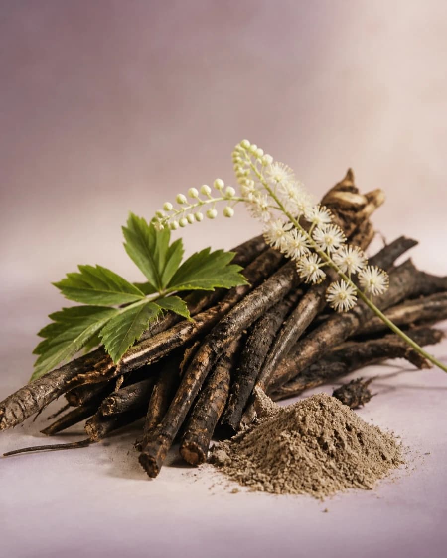Black cohosh roots, blossoms and botanical extract powder in soft studio light