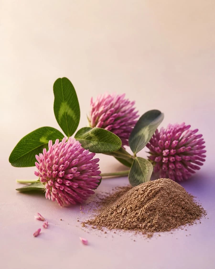 Red clover blossoms, leaves and botanical extract powder in soft studio light