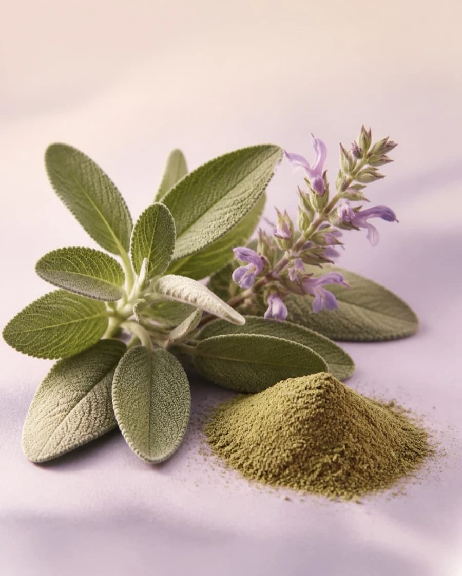 Fresh sage leaves, flowers and botanical extract powder in soft studio light