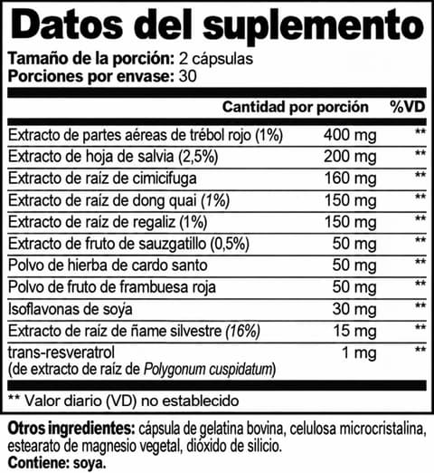 Información nutricional. Tamaño de la porción: 2 cápsulas. Porciones por envase: 30. Cantidad por porción: Extracto de partes aéreas de trébol rojo (1%) 400 mg; Extracto de hoja de salvia (2,5%) 200 mg; Extracto de raíz de cimicífuga 160 mg; Extracto de raíz de dong quai (1%) 150 mg; Extracto de raíz de regaliz (1%) 150 mg; Extracto de fruto de sauzgatillo (0,5%) 50 mg; Polvo de hierba de cardo santo 50 mg; Polvo de fruto de frambuesa roja 50 mg; Isoflavonas de soya 30 mg; Extracto de raíz de ñame silvestre (16%) 15 mg; trans-resveratrol (de extracto de raíz de Polygonum cuspidatum) 1 mg. Valor diario no establecido. Otros ingredientes: cápsula de gelatina bovina, celulosa microcristalina, estearato de magnesio vegetal, dióxido de silicio. Contiene: soya.