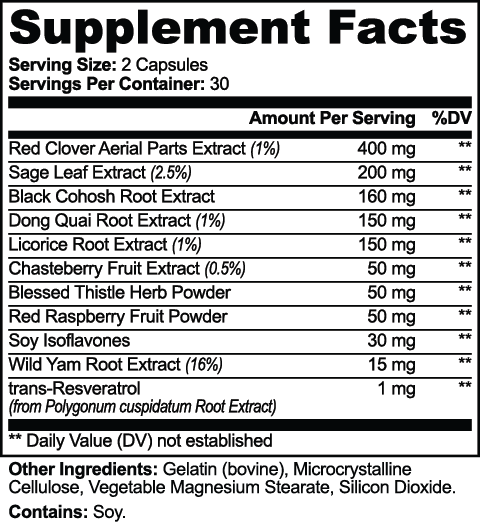 Supplement Facts. Serving size: 2 capsules. Servings per container: 30. Amount per serving: Red Clover Aerial Parts Extract (1%) 400 mg; Sage Leaf Extract (2.5%) 200 mg; Black Cohosh Root Extract 160 mg; Dong Quai Root Extract (1%) 150 mg; Licorice Root Extract (1%) 150 mg; Chasteberry Fruit Extract (0.5%) 50 mg; Blessed Thistle Herb Powder 50 mg; Red Raspberry Fruit Powder 50 mg; Soy Isoflavones 30 mg; Wild Yam Root Extract (16%) 15 mg; trans-Resveratrol (from Polygonum cuspidatum root extract) 1 mg. Daily Value not established. Other ingredients: gelatin (bovine), microcrystalline cellulose, vegetable magnesium stearate, silicon dioxide. Contains: soy.