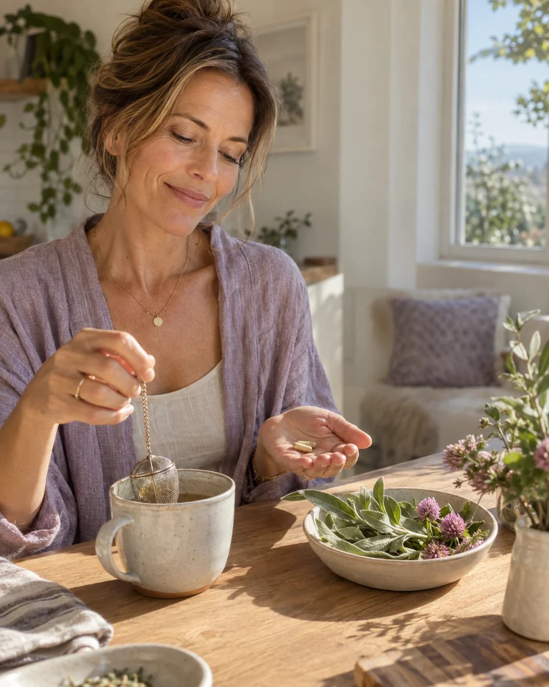 A woman smiles over her morning tea, two capsules in her hand and fresh botanicals on the table.