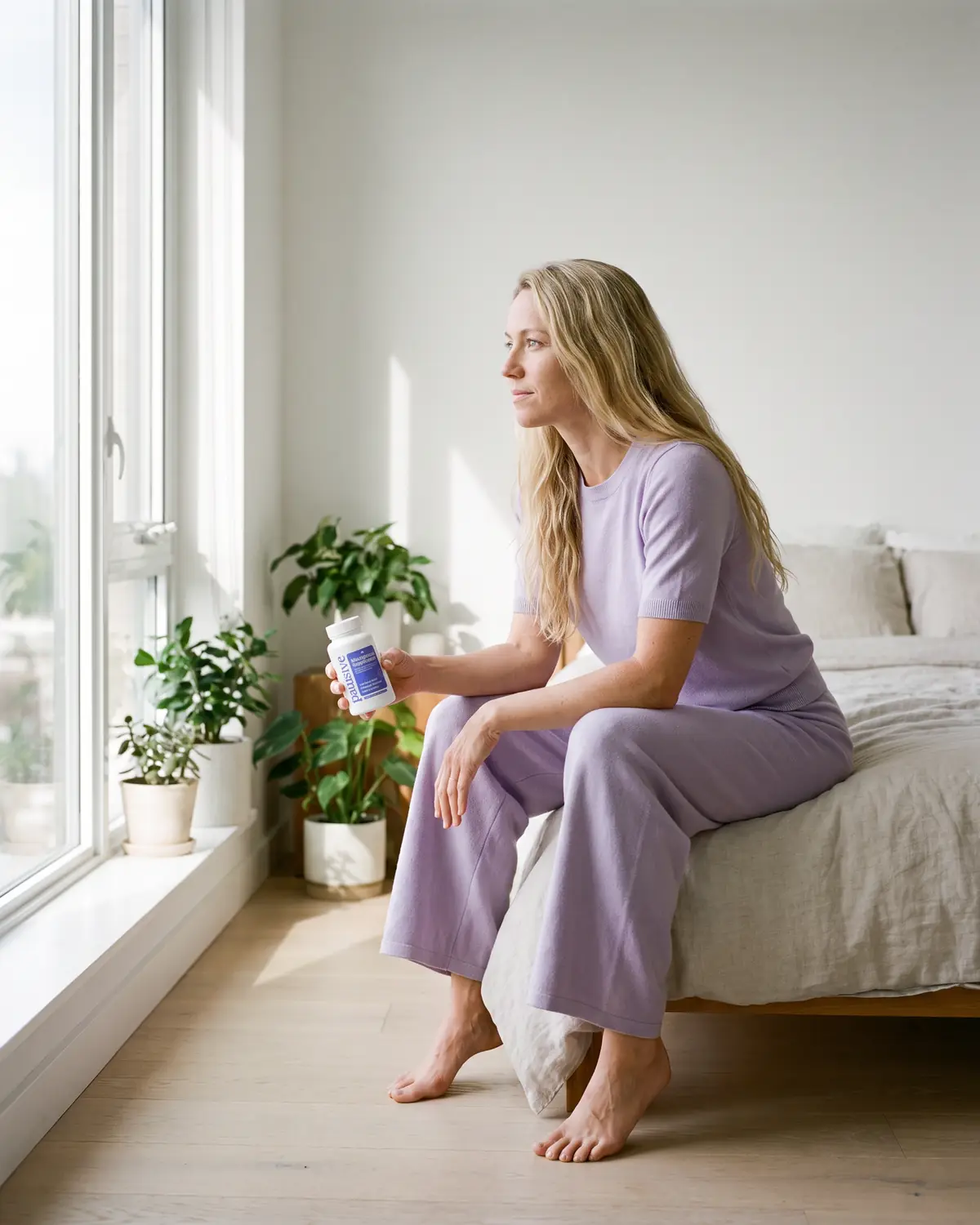 A woman sitting on the edge of her bed by a sunny window in the morning, holding a bottle of Pausive.