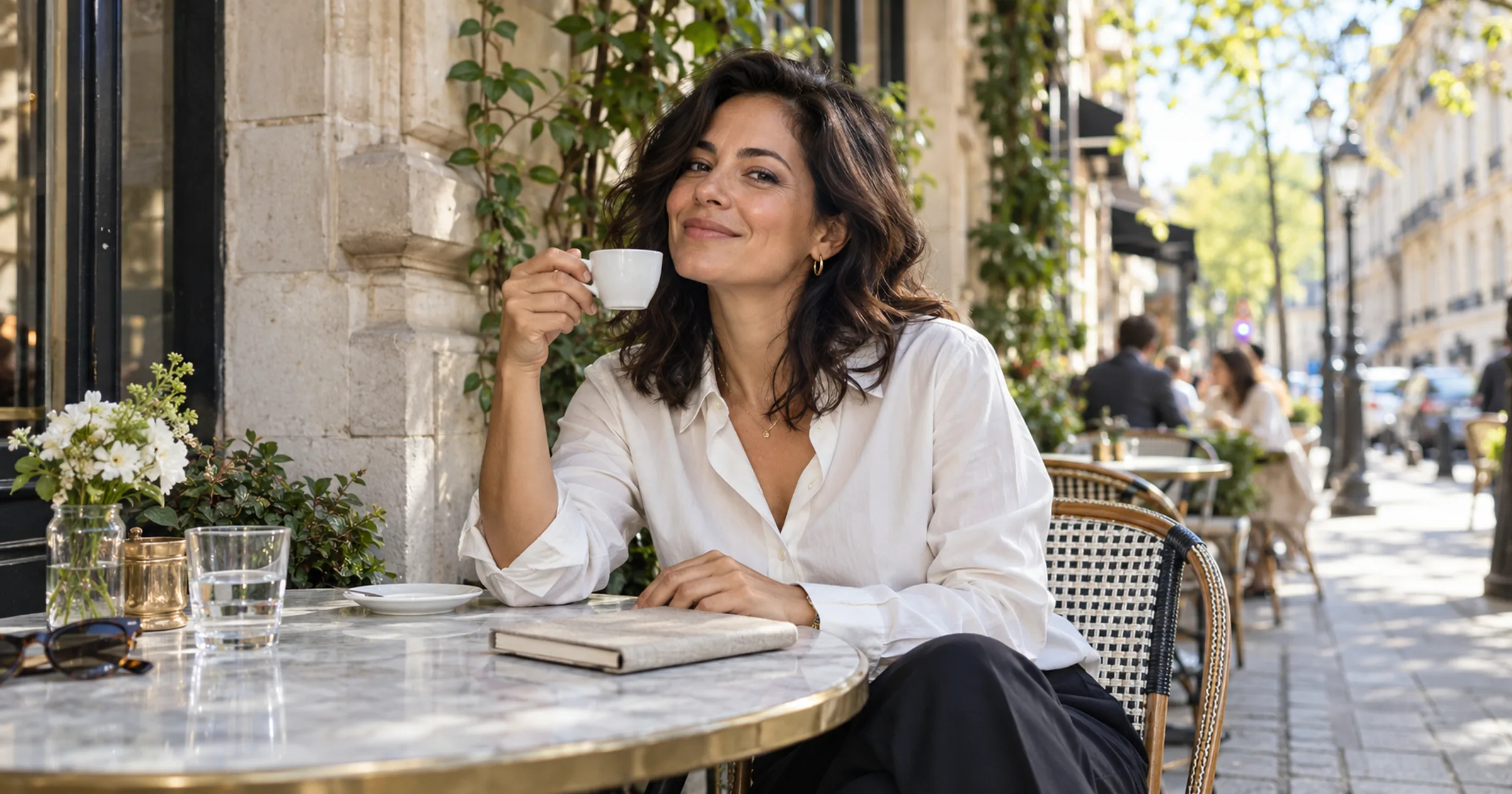 Una mujer sonriente con camisa marfil sosteniendo una taza de espresso en la terraza soleada de un café.