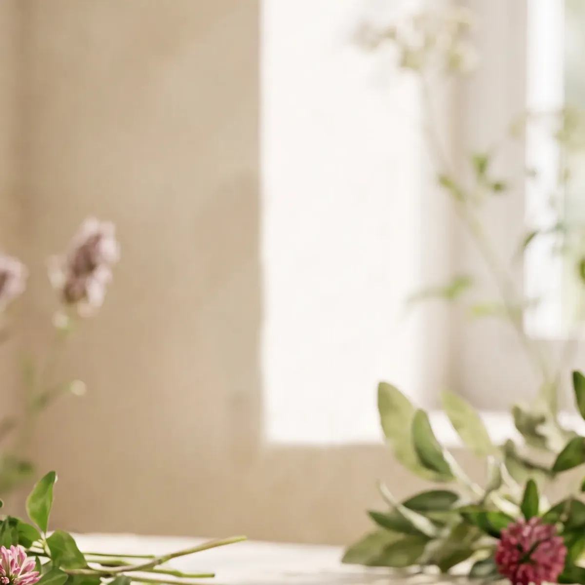 A bottle of Pausive floating above a pale limestone ledge, with fresh sage and red clover.