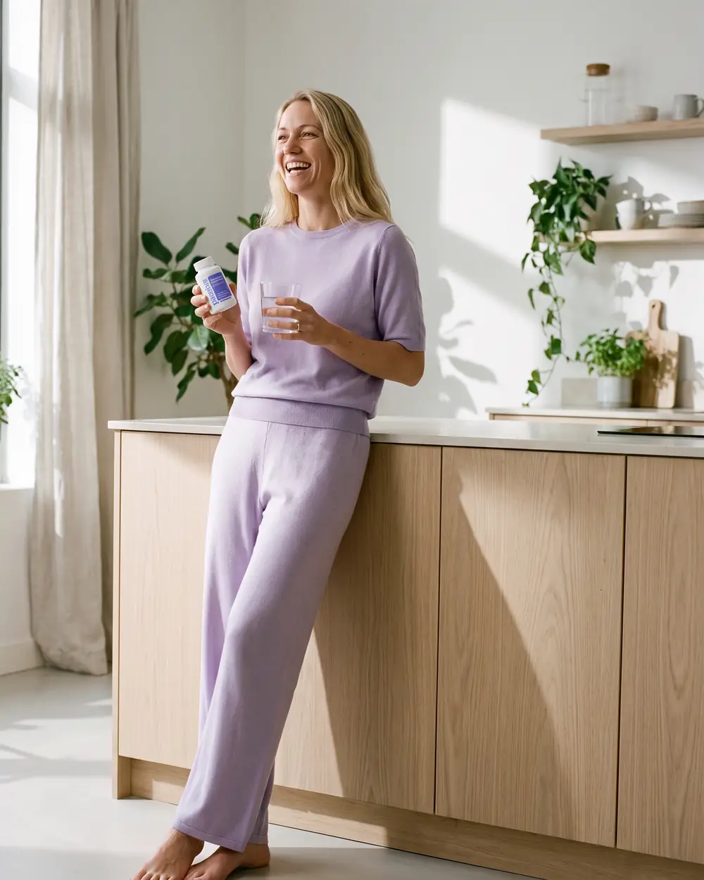 A woman laughing in her kitchen in the morning, a bottle of Pausive in one hand and a glass of water in the other.