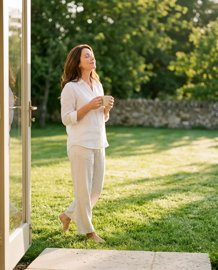 Woman standing barefoot in a sunlit garden holding a warm mug.