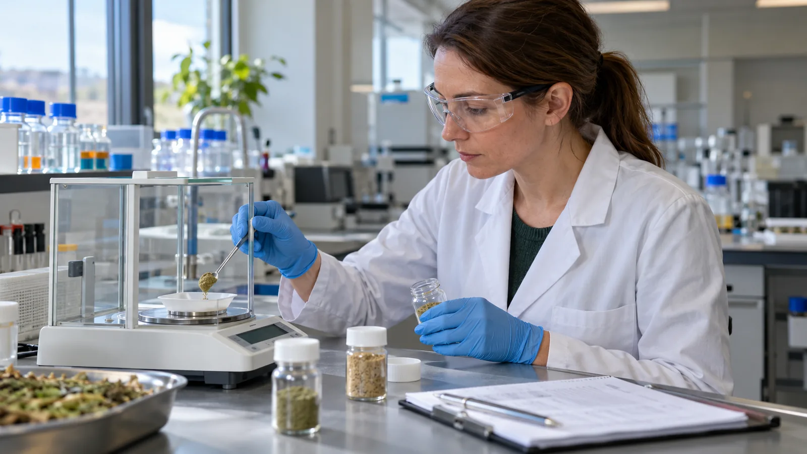 Una técnica de laboratorio pesando una muestra de polvo botánico para una prueba de calidad.