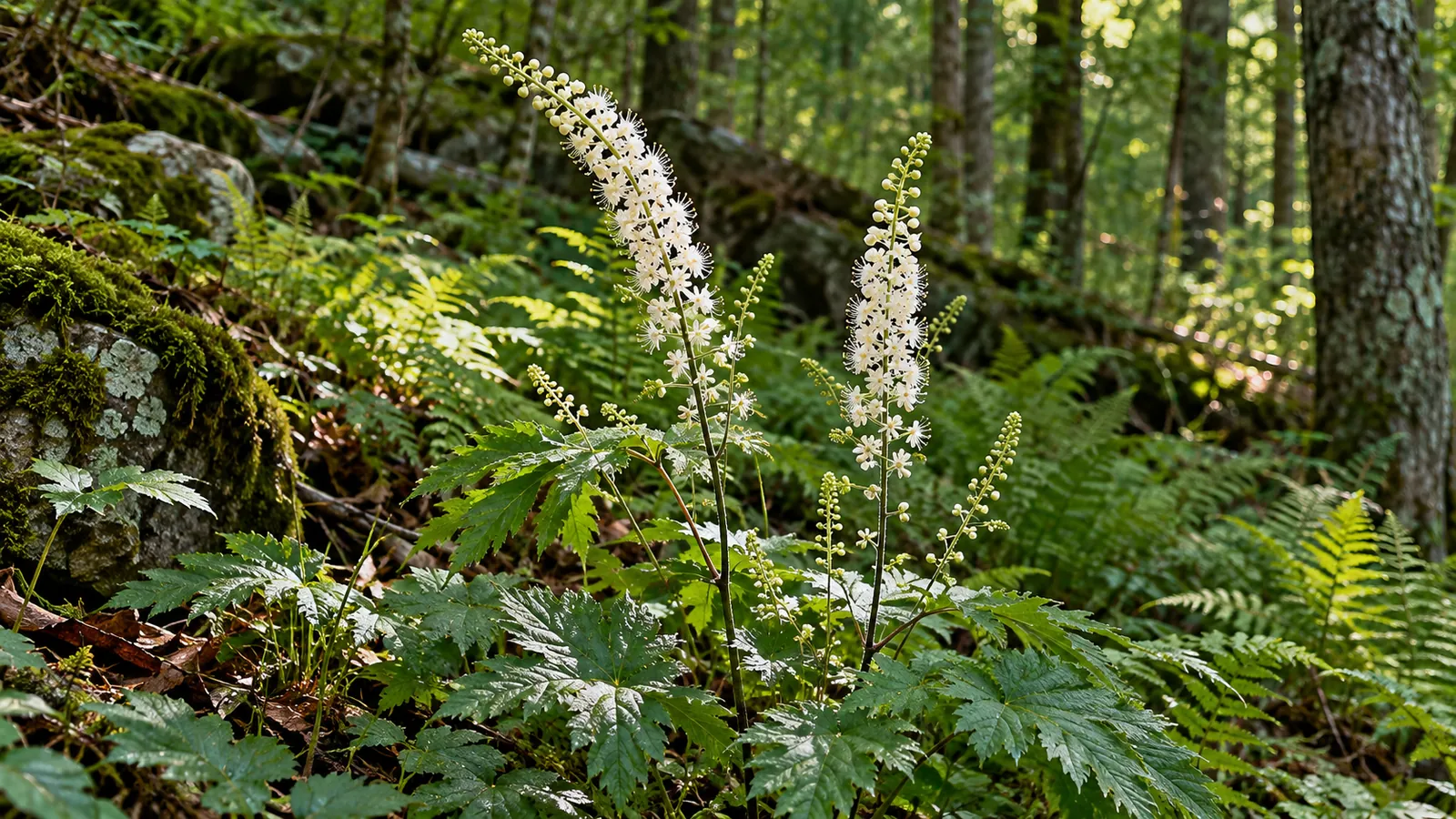 Espigas de flores blancas de cimicífuga entre helechos y rocas cubiertas de musgo en un bosque.