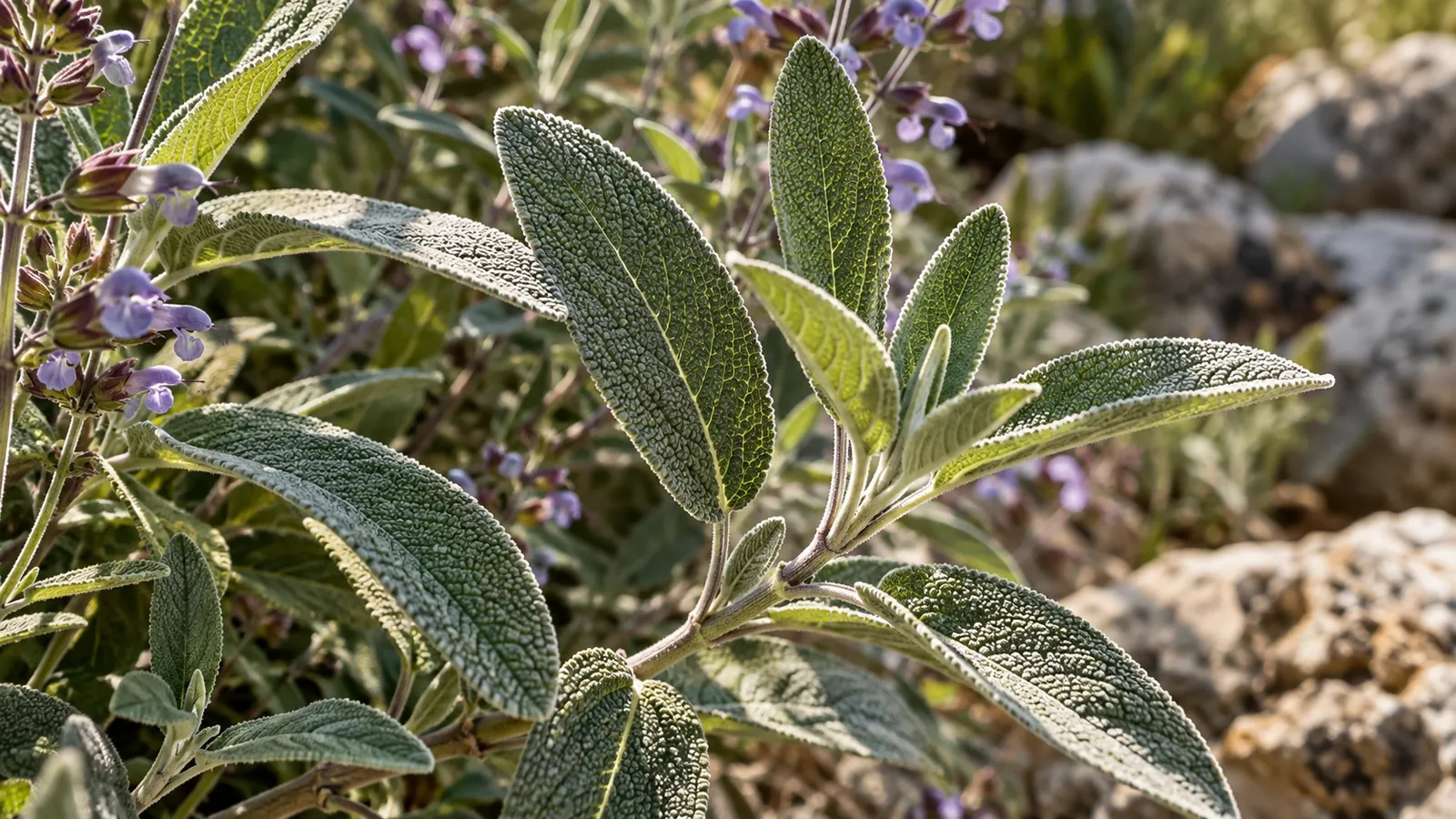 Primer plano de hojas de salvia con textura y flores violetas creciendo al aire libre.