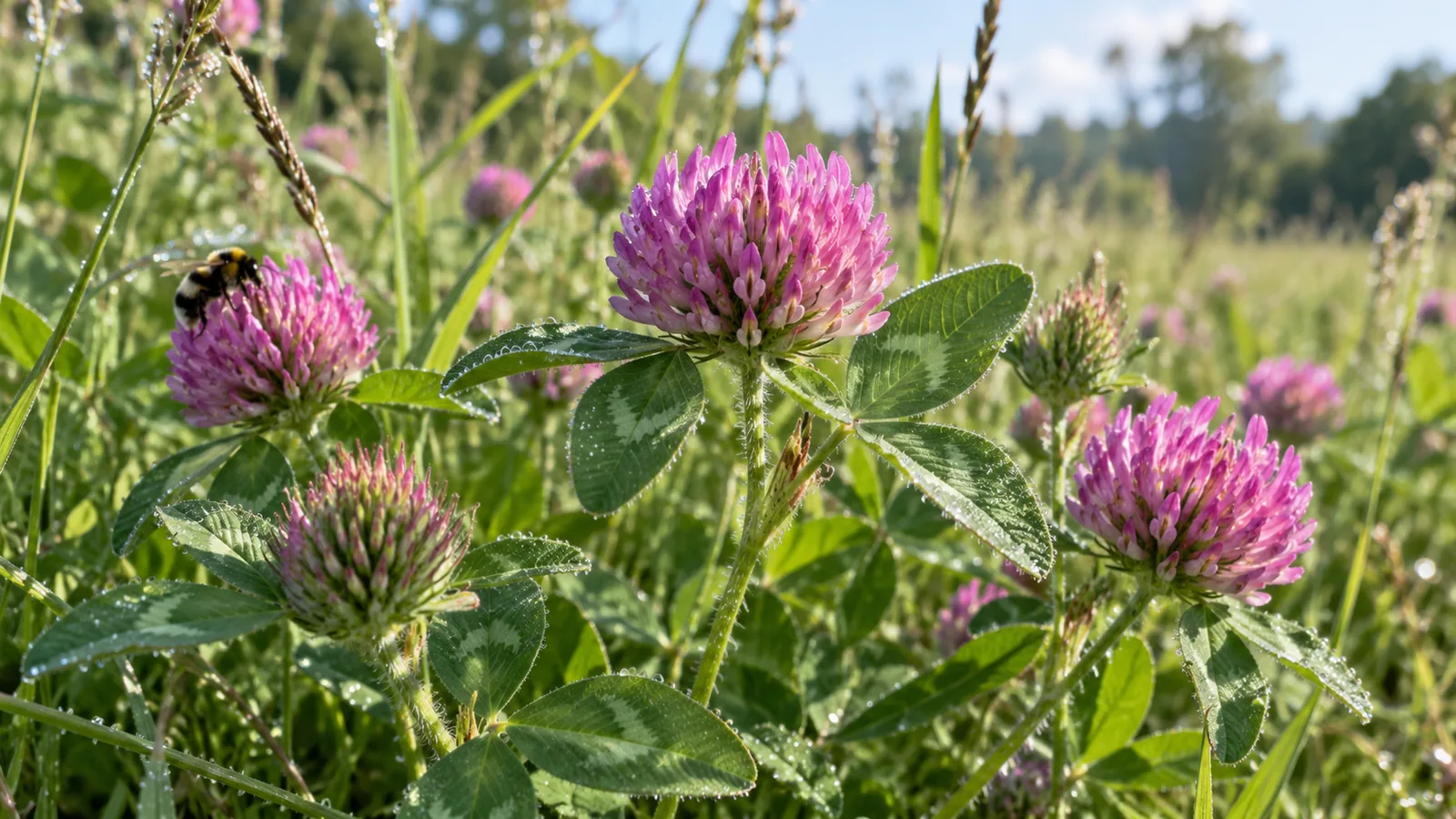 Pink red clover flowers with morning dew growing in a grassy meadow.