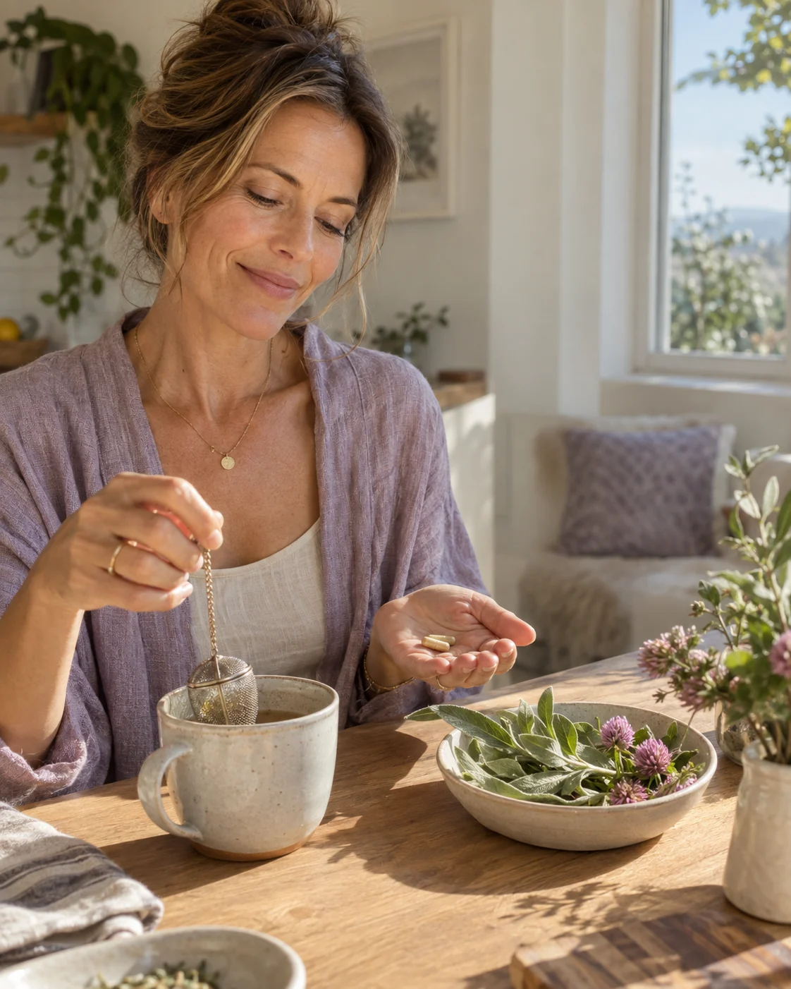 Woman preparing herbal tea with fresh sage and red clover at her kitchen table.